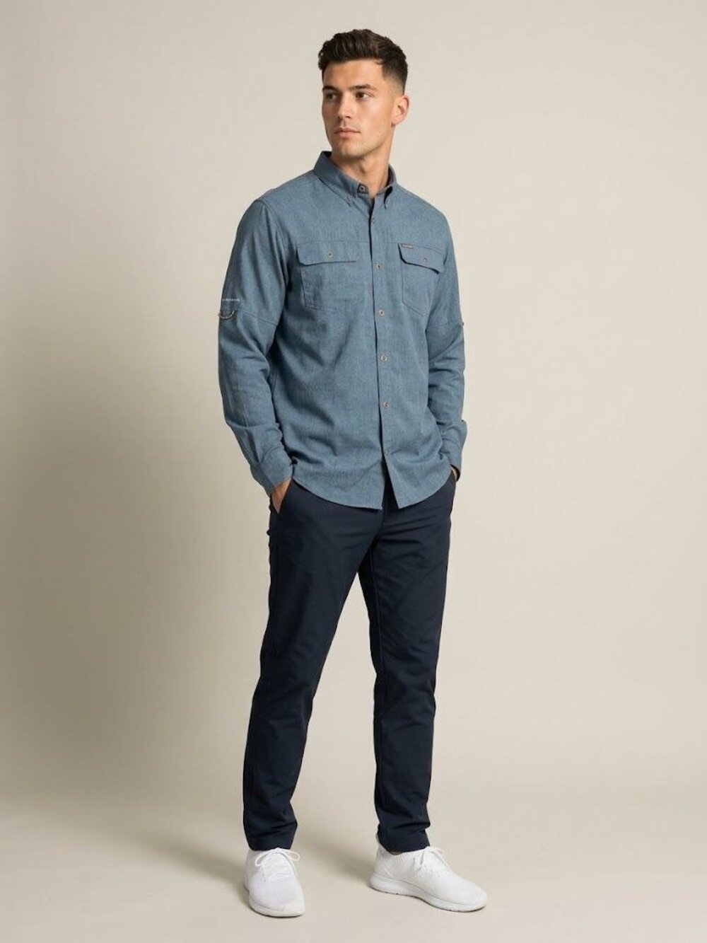Columbia Mens L Blue Omni-Wick Long Sleeve Shirt Roll Tab Outdoor Fishing